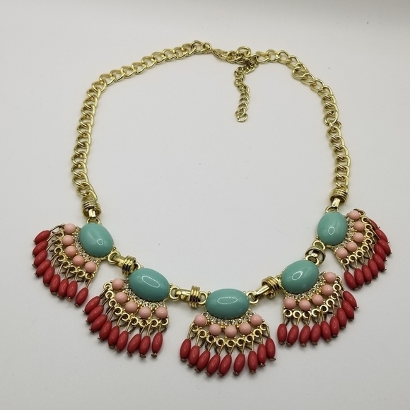 J Crew Beaded Statement Necklace Fan Colorful Multicolor Gold Tone Fringe Dangle - Picture 8 of 11